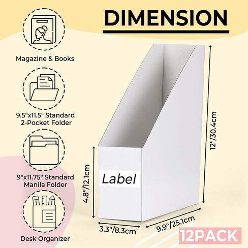 EXYGLO 12 Pack White Magazine File Holder, Cardboard Magazine Rack with Label, Foldable Storage Organizer Box for Book, Documents, 9.9x3.3x12 Inches in Kuwait