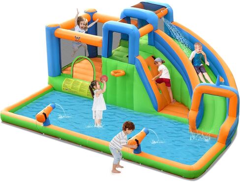 OLAKIDS Inflatable Water Slide, 7 in 1 Bounce House Water Park with Slide Splash Pool Climbing Wall 2 Water Guns Basketball Rim, Outdoor Inflatable Obstacle Course for Kids Backyard (with 735W) in Saudi Arabia