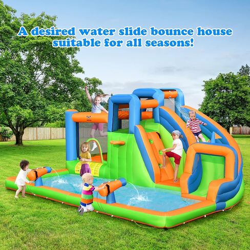 OLAKIDS Inflatable Water Slide, 7 in 1 Bounce House Water Park with Slide Splash Pool Climbing Wall 2 Water Guns Basketball Rim, Outdoor Inflatable Obstacle Course for Kids Backyard (with 735W) in Saudi Arabia