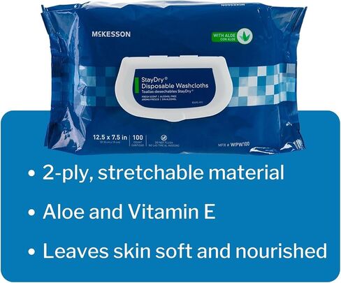 McKesson StayDry Disposable Wipes or Washcloths for Adults with Aloe, Incontinence, Alcohol-Free, Not-Flushable, Pleasantly Fragranced Aloe and Vitamin E Formula in Saudi Arabia