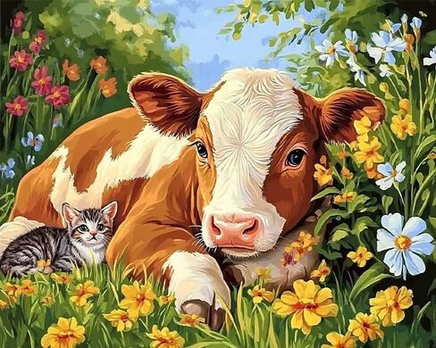 MSTingshun Red Chalet Farm Paint حسب عدد الأبقار المبتدئين للبالغين وزيت الدجاج سهلة الطلاء على Canvas Animals اللوحة المائية بأرقام أرقام بدون إطار للديكور المنزلي 16x20 بوصة in Kuwait