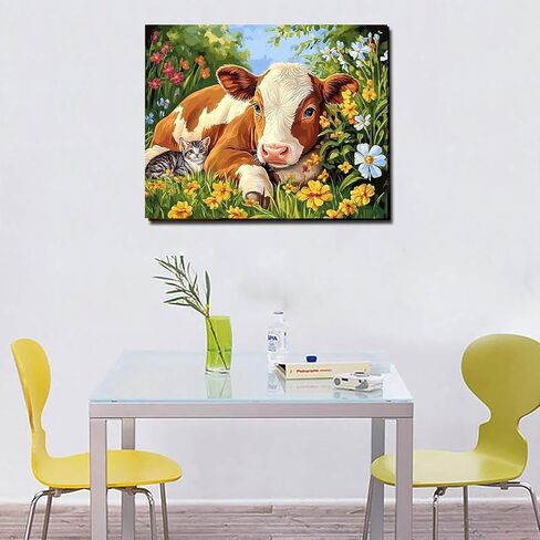 MSTingshun Red Chalet Farm Paint حسب عدد الأبقار المبتدئين للبالغين وزيت الدجاج سهلة الطلاء على Canvas Animals اللوحة المائية بأرقام أرقام بدون إطار للديكور المنزلي 16x20 بوصة in Kuwait