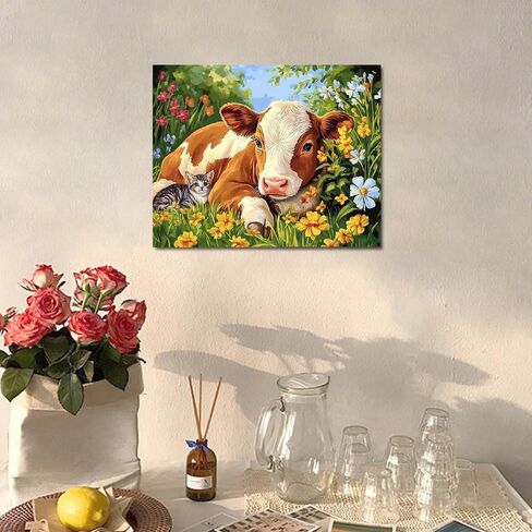 MSTingshun Red Chalet Farm Paint حسب عدد الأبقار المبتدئين للبالغين وزيت الدجاج سهلة الطلاء على Canvas Animals اللوحة المائية بأرقام أرقام بدون إطار للديكور المنزلي 16x20 بوصة in Kuwait
