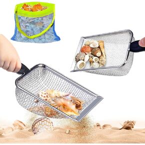 3Pcs Beach Sand Sifter, Adjustable Shark Teeth Sifter Shell Shovel Rock Scooper with Shell Collecting Bag- Beach Scoop Shovel and Sifter Tool for Picking Up Shells (Sand Sifter & Scooper)