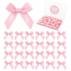 50 Pcs Mini Pink Bows for DIY Crafts with Box, Tiny Satin Ribbon Bow Decor for Gift Wrapping Treat Bags Cake Cards, Party Favors Baby Shower Birthday Holiday Wedding Decorations