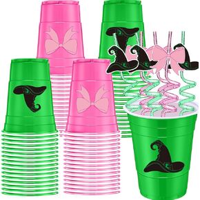 24 Pcs Pink and Green Party Decorations, Green and Pink 16 oz Plastic Cups with Straws for Witch Princess Themed Birthday Party Supplies