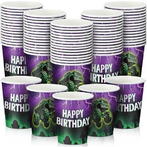 Sliner 100 Pcs 9oz Green Purple Monster Truck Birthday Cups Bulk Monster Truck Birthday Decorations Disposable Paper Cup Jam Party Supplies Table Decorations Party Favor