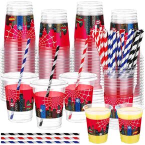 50 Set 12 oz Disposable Plastic Spider Web Theme Cups with Lid and Straw Hero Party Drinking Cups Plastic Cocktail Tumblers Spider Party Supplies Bulk for Halloween Birthday Decoration
