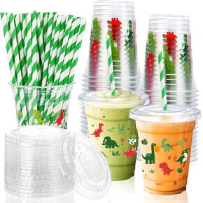 50 Pcs Dinosaur Cups with Lids and Straws 12 oz Dinosaur Plastic Cups Disposable Dino Tumbler Drinking Cups for Kids Dinosaur Birthday Summer Party Supplies