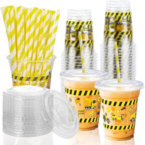 50 PCS Construction Truck Plastic Cups with Lids and Straws ، 12 Oz Construction Cups Cups يمكن التخلص منها لشرب الحفل