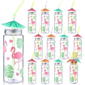 12 Pcs 14 oz Hawaiian Cups Flamingo Plastic Cups with Lids and Straws, Reusable Tropical Tumblers Hawaiian Clear Plastic Tumblers Fluorescent Straws with Umbrella for Summer Beach Luau Party