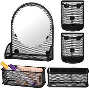 Weysat Set of 5 Magnetic Locker Accessories Mirror with 2 Magnetic Pen Holder and 2 Wire Mesh Storage Basket for Students Back to School Locker Organizer for School Office(Black)