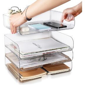 4 Pack Paper Organizer Letter Tray Clear Desk Organizer, Clear PET Desk Rrganizer for Magazines, Binders, Notebooks, Envelopes, Multi-Purpose Plastic Paper Tray Organizer