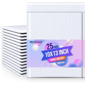 Metronic Bubble Mailer 10x13" White 25 Pack, Poly Padded Envelopes Waterproof Shipping Bags for Clothing, Self Seal Cushioning Mailers for Shipping Books, Jewelry, Makeup Supplies