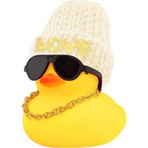 wonuu Car Dashboard Rubber Ducks Saint Valentine's Day Decorations, Christmas Eve Rubber Ducky for Car Ornament Cute Duck with Love Knit Hat, Glasses, Necklace, Black