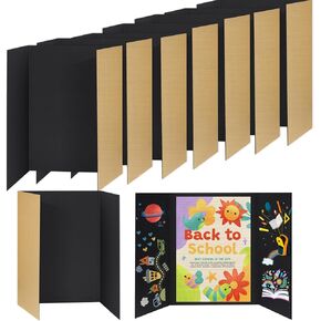8 PCS Trifold Poster Board - 16" x 23" Small Tri Fold Display Board Hard & Thick Black Presentation Cardboard for Science Fair, School Projects, Business Supply