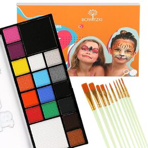 Bowitzki Face Paint Kit with 18 Face Painting Colors, 1 set brushes,Non Toxic Hypoallergenic Water Based Professional Halloween Makeup Body Face Painting Set