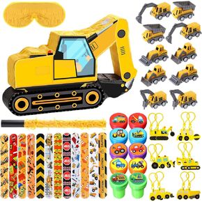 Pasimy 49 Pcs Construction Party Favors Excavator Pinata with Mini Engineering Vehicles Toy Bulldozer Tractor Slap Bracelet Dump Truck Keychain Stampers Kids Construction Birthday Supplies Gifts