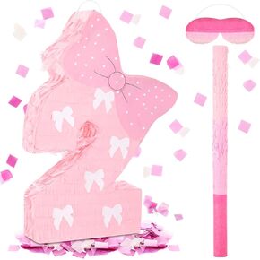 Number 2 Piñata Pink Two Piñata with Bow 2nd Birthday Decorations with Stick Blindfold for Girls Birthday Decoration Anniversary Supplies
