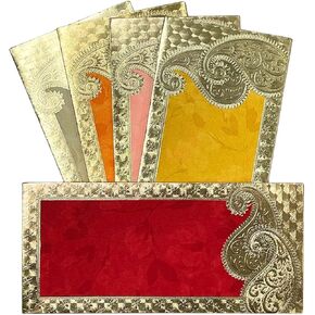 Metallic Paper Shagun Envelopes for Gifting Cash Sagan Lifafa Wedding, 19 X 9 cm, Multicolored 5 (pack of 5) - Double Ambu Design