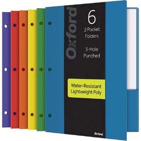 Oxford 2 Pocket Folders, Sturdy Plastic Portfolio, 3 Hole Punch, Letter Size, Asstd. Colors (Blue, Green, Yellow, Orange, Red, Purple), 6 Pack (14187)