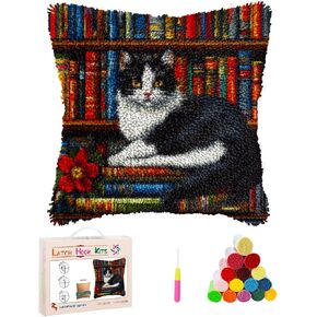 DIY Latch Hook Pillow Cover Kits Black and White Cat on Bookshelf Stampled Handamade Pillowcase Crochet Yarn Hook and Latch Emboridery Throw Pillow for Home Sofa Decor 43x43cm(4)
