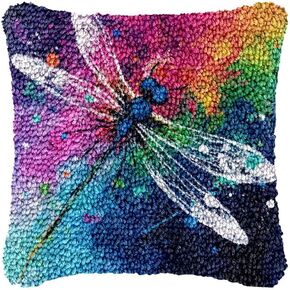 Dragonfly Latch Hook Pillow Cover Kits for DIY Handmade Throw Pillow Cross Stitch Latch Hook Pillowcase Rug Kits with Preprinted Color Pattern Canvas Crochet Yarn Kits 17''X 17''(m37)