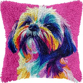 Shih Tzu Dog Colorful Latch Hook Kits Pillow Printed Cushion Crochet Yarn Needlework DIY Hook Latch Kit Pillowcase Rug Cover Home Sofa Christmas Decoration 43x43cm(4)