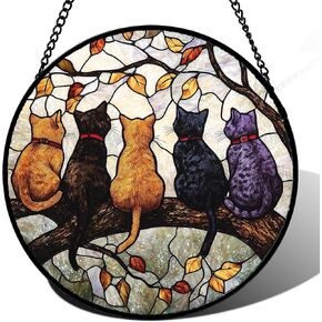 Stained Glass Window Hanging - 5 Cats on a Branch Suncatcher for Window Doors Home Decoration and Christmas, Mother's Day Father's Day Birthday Gifts for Women, Men, and Mom 6.3x6.3 in