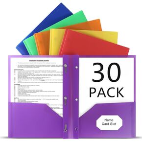 Plastic Folders with Pockets and Prongs, 30 Pack Heavy Duty 3 Prong Folders with 2 Pockets Letter Size Filer Folders with Fasteners for Student Teacher College School, Assorted Colors