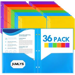 36 Pack 2 Pocket Folders with 3 Holes Punch, Plastic Folder for 3 Ring Binder, Heavy Duty Folders with Pockets for Letter Size Paper, Multicolor Folders for School and Office