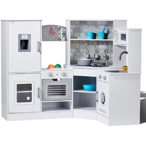 VEVOR Interactive Wooden Toy Play Kitchen Playset for Kids with Lights and Sounds, Corner Design with Ice Maker, Oven, Sink, Clock, Microwaves, Refrigerator and Accessories, for Girls & Boys, White