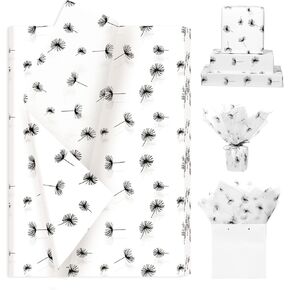 Pineraap 100 Sheets Dandelion Printed Tissue Paper, Black & White Gift Wrap Tissue Paper Decorative for Gift Packing Birthday Baby Shower Wedding Party DIY Crafts, 14 x 20 Inch