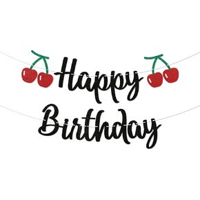 Cherry Birthday Banner - Funny Fruit Theme Happy Birthday Sign, Cherry 1st Bday Bridal Shower Banner, Cherry Theme Birthday Party Decorations Red Glitter