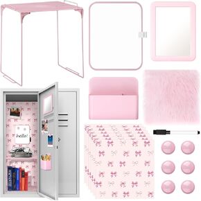 Pink Locker Accessories School Locker Decer with Shelf, Magnetic Whiteboards, Mirror, 3 x Bow Stickers, Markers, Pen Holder, 11.8*11.8" Rug and 6 x Magnet, Back to School Locker Organizer for Girls