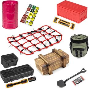 RC Crawler Car Decoration Kits Mini Mini Mimulation Luggage Net ، الأمتعة ، صندوق التخييم ، الحزمة ، صندوق الخشب ، أسطوانة الزيت ، أجزاء زخرفية محاكاة مجرفة صغيرة لـ 1/10 Trx4 Trx6 Axial Scx10 Redcat Gen 7 8 Rc4wd