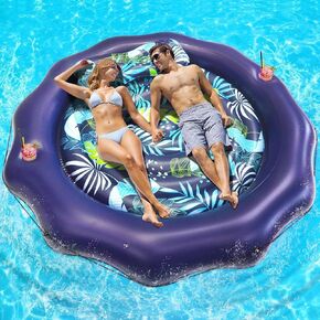 Tanning Pool Lounger Float, Extra Large Inflatable Pool Floats Adult Heavy Duty with Pillow & Cup Holders, Round Water Pool Raft Floaties Bed for Backyard Lake River Beach Outdoor