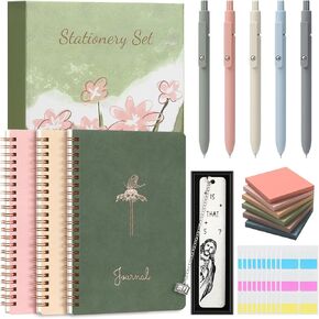 Stationery Gift Set for Women, PU Leather Spiral Notebooks, Gel Pens, Vintage Sticky Notes, Steel Bookmark, Index Tabs & Gift Box - Cute Aesthetic Office Supplies for Girls