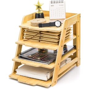 Wood Paper Organizer for Desk, 4 Tier Bamboo Letter Tray File Folder, Mail Sorter Shelf Document Storage Rack Holder for Home, Workplace, Office Supplies Desk Accessories