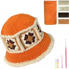 SHENJILL Fisherman Hat Crochet Kit for Beginners Crochet Kits for Adults with Step-by-Step Videos Tutorials Beginner Knitting Fisherman Hat Kit Easy Starter Yarn Kits for Crocheting (Orange Red)