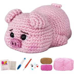 JXINLODGEG Crochet Kit for Beginners, Crochet Animal Kits for Starters with Step-by-Step Video Tutorials, Crocheting Kit for Adults Kids DIY Art Craft Knitting Starter with Hooks Pig