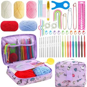 58pcs Crochet Kit Beginners, Crochet Hook Set with Yarn, Portable Crocheting Kit for Starter, Ergonomic Crochet Needles Tools DIY Knitting Accessories for Experienced Crochet Lovers, Blue Flower