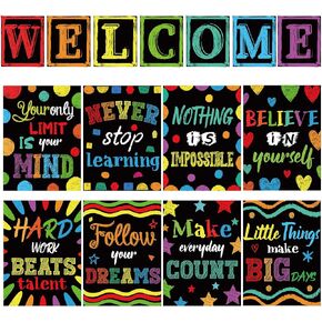15 Pcs Motivational Posters for Classroom Colorful Inspirational Poster Positive Quote Art Wall Posters Chalk Style Bulletin Board Set with Welcome Sign for Teacher Student Preschool Elementary Office