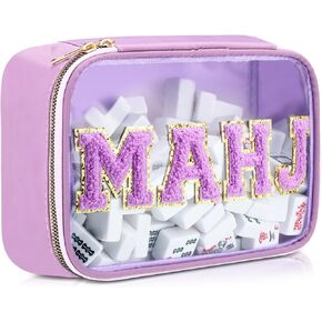 Empty Mahjong Tile Bag American Purple PVC Clear Mahjong Case Size 166 Waterproof Zippered Storage Tile Holder Rack Bag for Game Lover Gift Travel (Case Only)