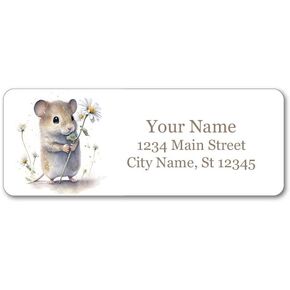 Personalized Return Address Labels - Cute Mouse with Flowers Design - 60-1000 Custom Self-Adhesive Stickers