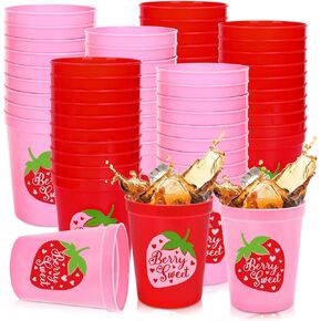 24Pcs Strawberry Plastic Cups Red Pink Berry Sweet Reusable Cups Fruit Theme Party Drinkware Supplies for Birthday Holiday Baby Shower, 16 Oz