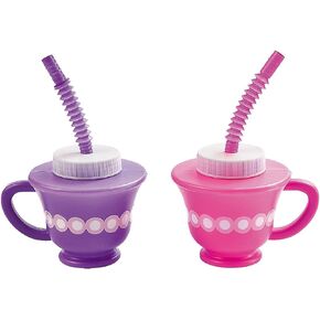 Fun Express Set of 12 Pieces Tea Party Cups with Straws, 3-1/2" Cups with 7" Straws - Each Holds 8 oz, BPA Free Plastic, Birthday, Tea Party, Mad Hatter Party Supplies, Pink & Purple
