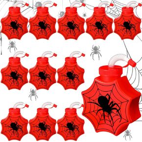 12 Sets Spider Party Favors Bulk 10 oz Spider Cups with Lids and Straws Thick Plastic Reusable Funny Cups for Holiday Gifts Birthday Party Supplies (Red)