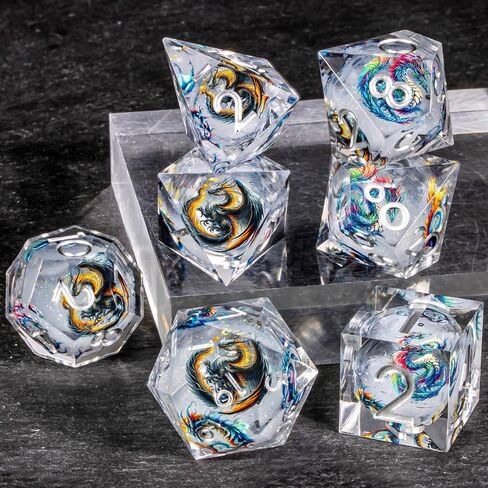 OUKELANWO Resin Sharp Edge DND Dice Set, Liquid Core Dice Set for Role Playing Game, 7pcs White Gold Polyhedral D and D Dice with Gift Box D20 D12 D10 D8 D6 D4 in Saudi Arabia