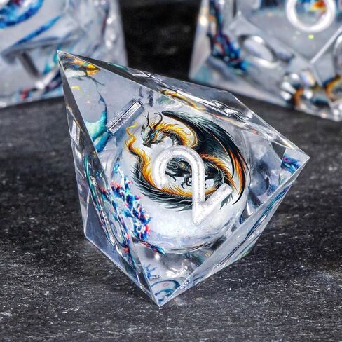 OUKELANWO Resin Sharp Edge DND Dice Set, Liquid Core Dice Set for Role Playing Game, 7pcs White Gold Polyhedral D and D Dice with Gift Box D20 D12 D10 D8 D6 D4 in Saudi Arabia